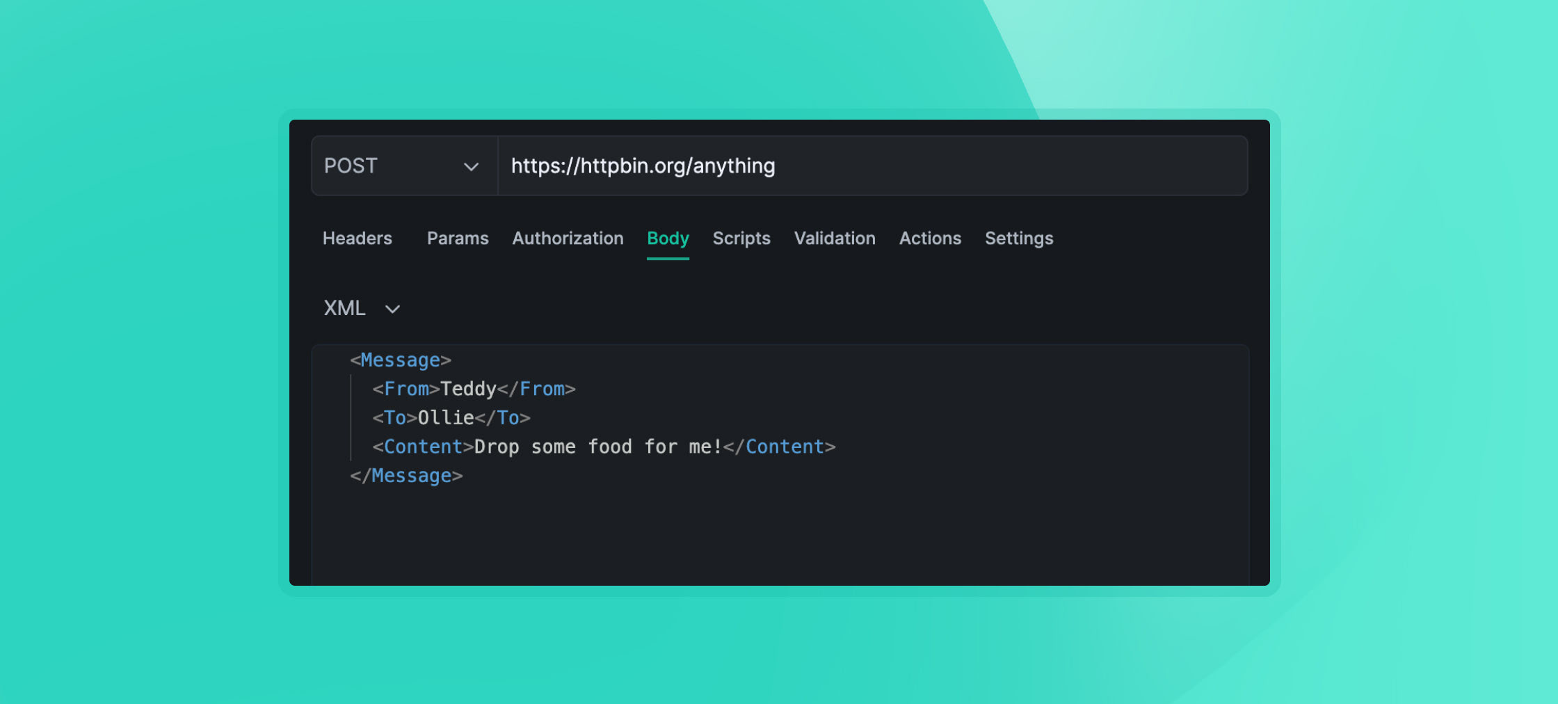 Screenshot of XML API request in Testfully
