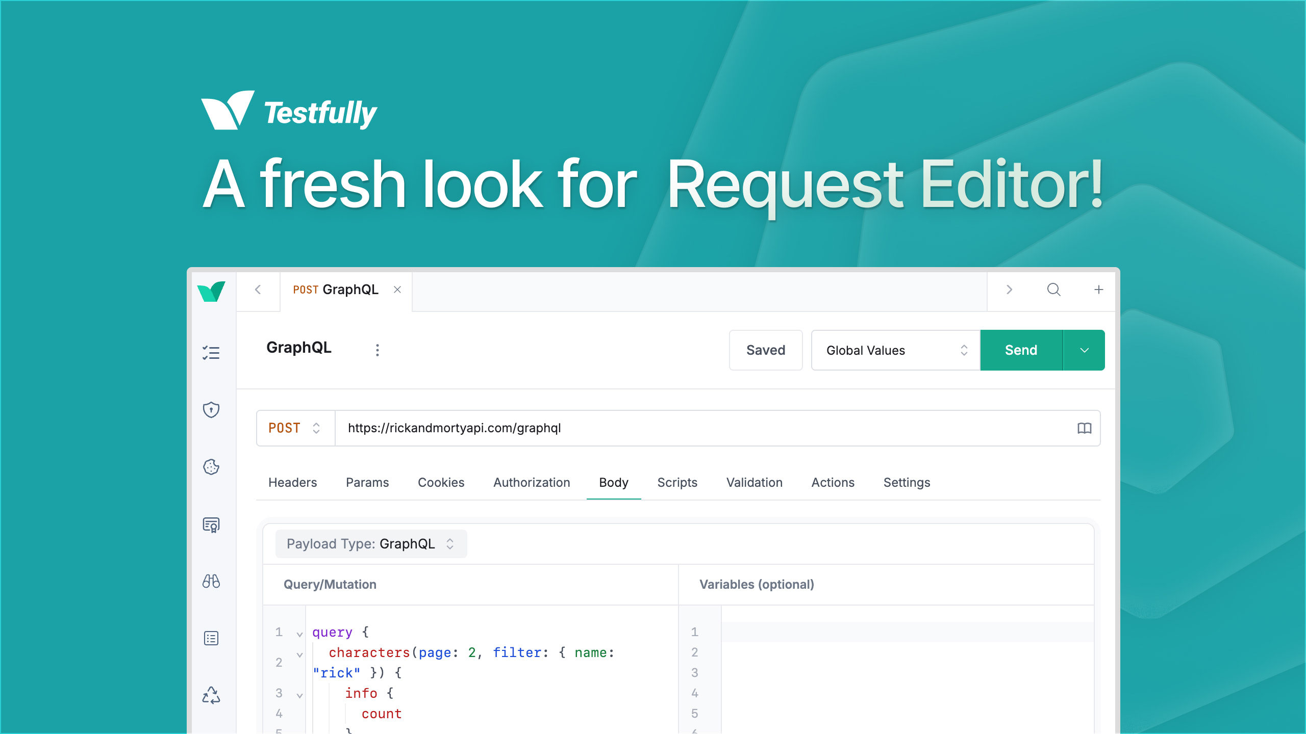 A GraphQL request in Testfully's request editor