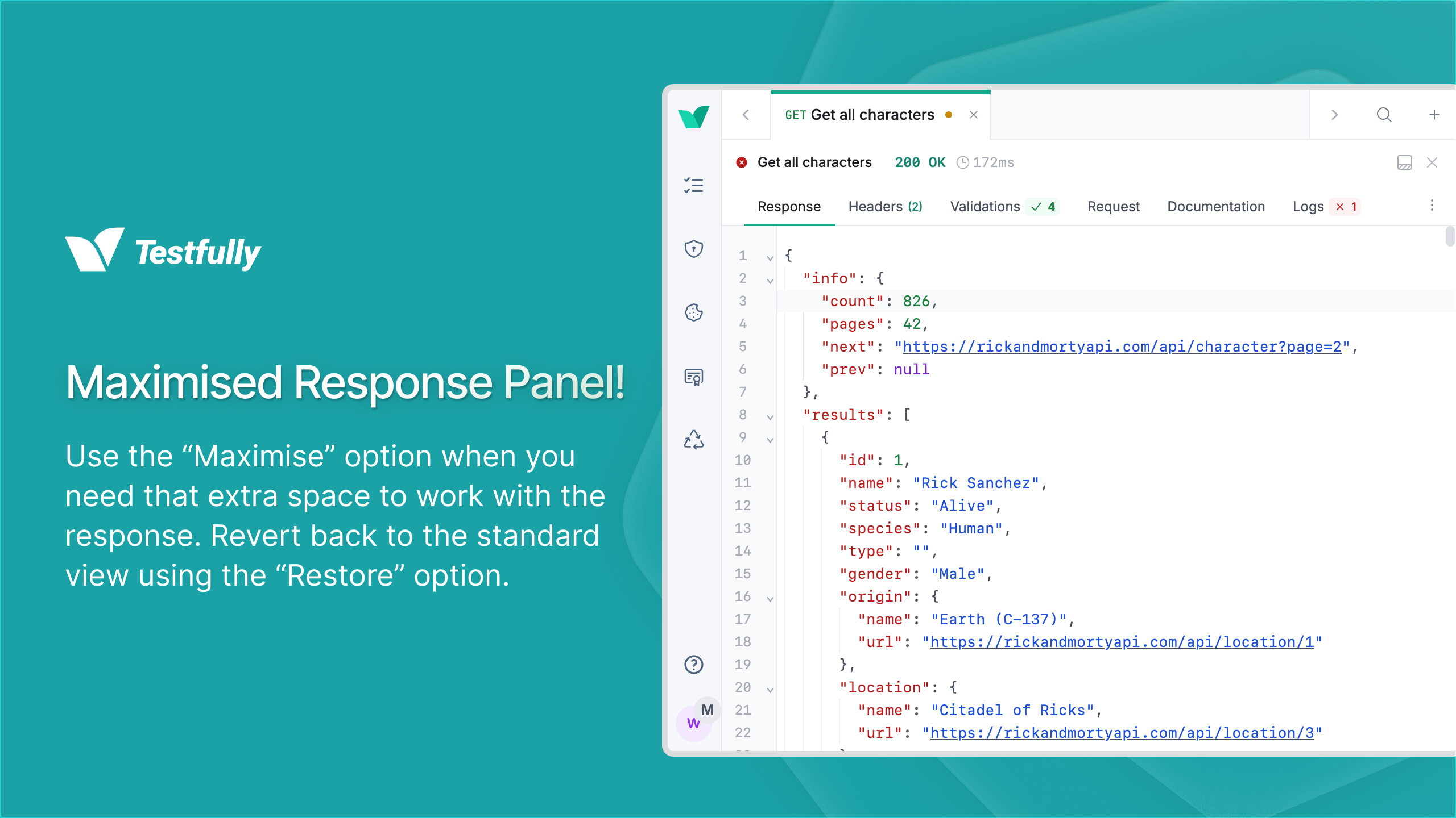 A maximised response panel in Testfully